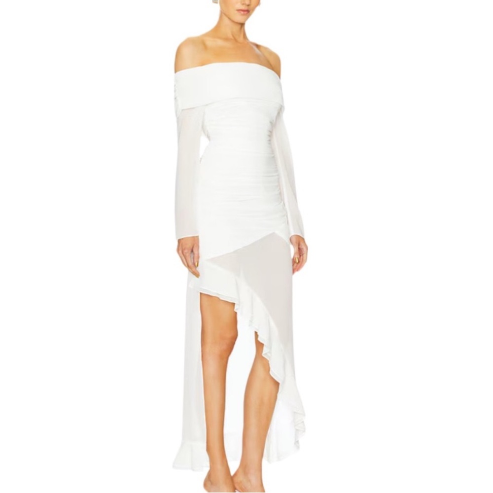 REVOLVE x Line & Dot Ruched Owens Midi Dress in White Small Long Sleeve Bridal